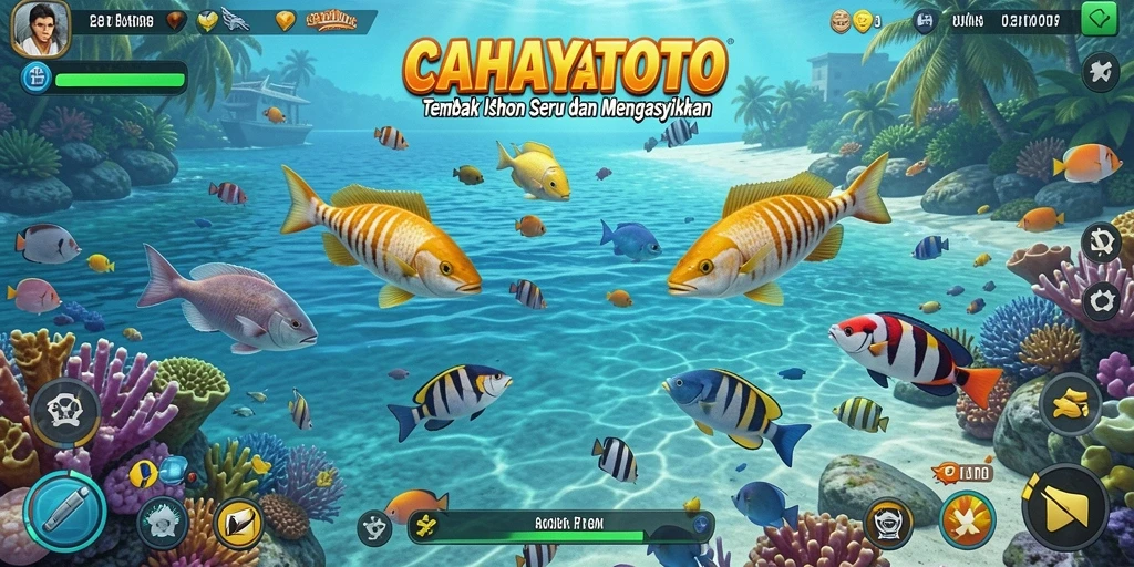 Tampilan gameplay seru dalam CAHAYATOTO menunjukkan menembak ikan.