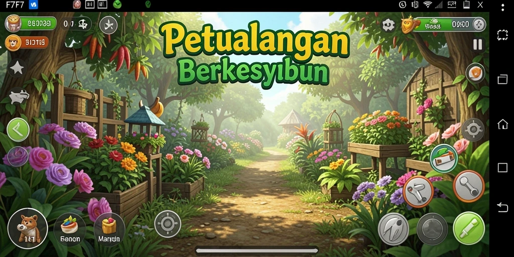 Screenshot F7F7 menampilkan gameplay pertanian yang penuh warna.
