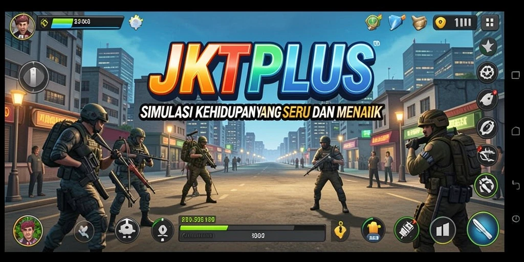 Tangkapan layar utama JKTPLUS menampilkan gameplay yang penuh warna dan interaksi karakter.