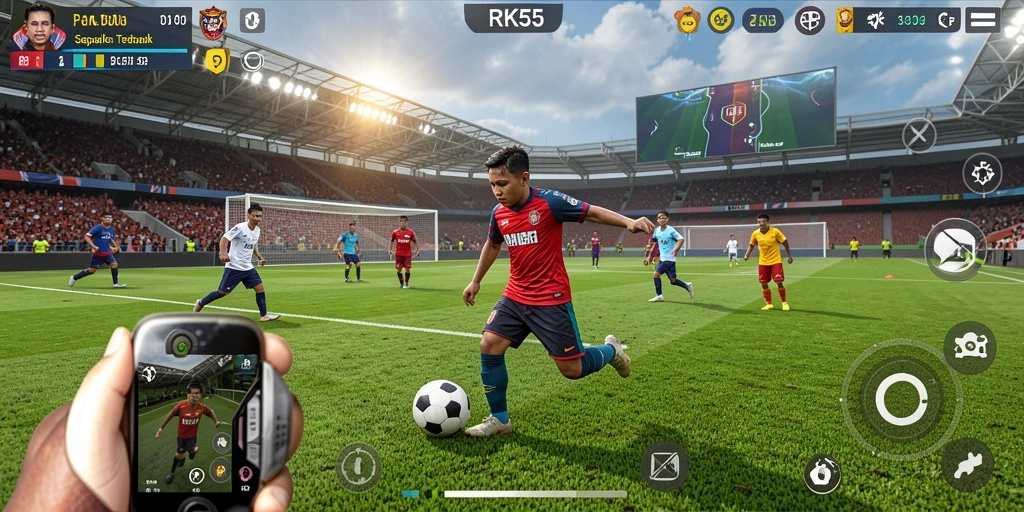 Gameplay mendebarkan dalam RK55 yang menampilkan aksi sepak bola.