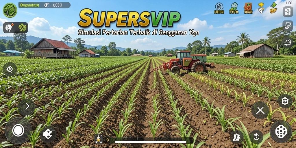 Screenshot gameplay <strong>SUPERSVIP</strong> menunjukkan pertanian yang subur dan beragam aktivitas pertanian.